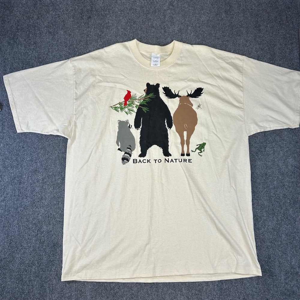 Y2K Back To Nature Wildlife Graphic T-Shirt XXL Cream Bear Moose Raccoon Frog